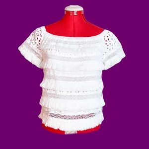 White BoHo Embroidered Fringe Short Sleeve Top